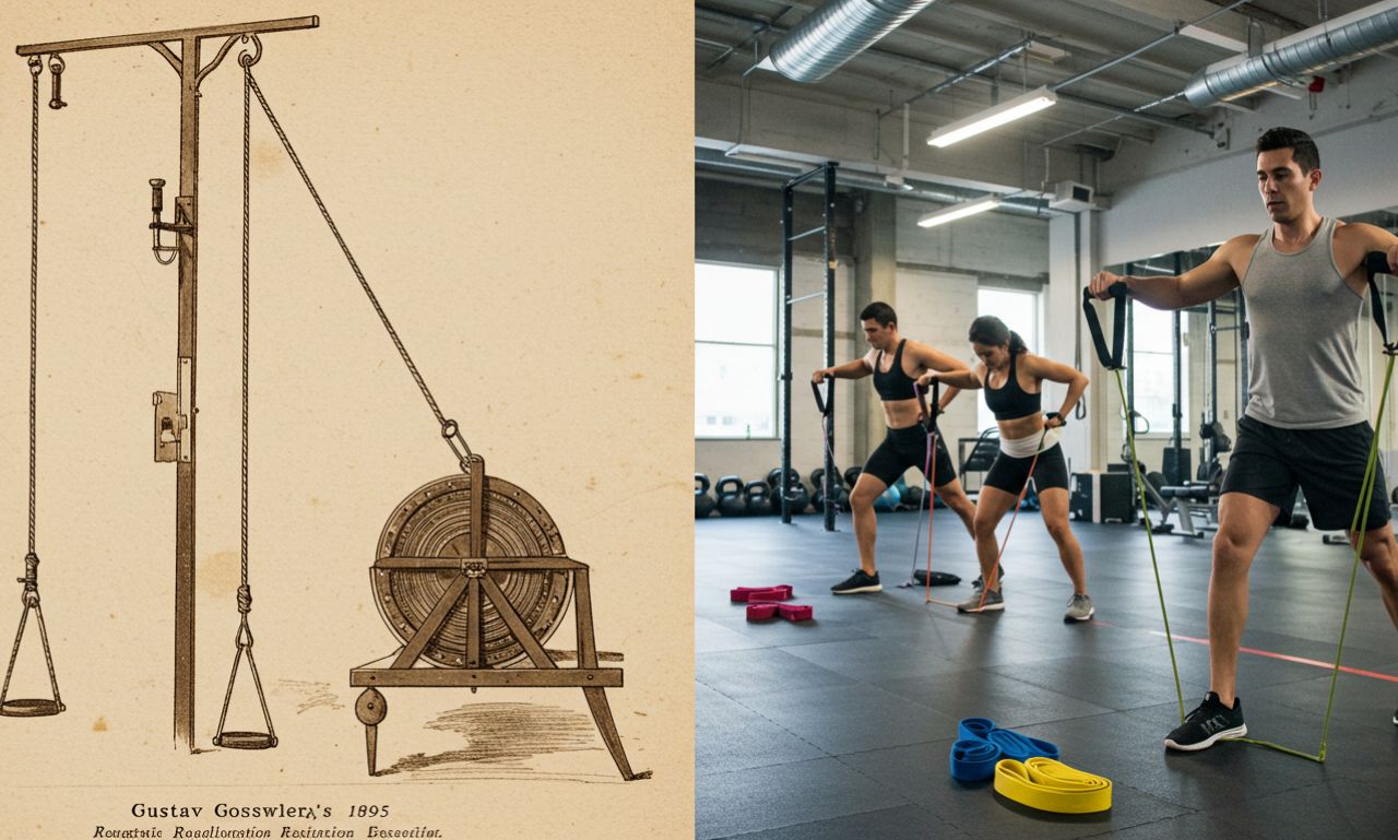 Image suggestion: Split image showing Gustav Gosswiler's original 1895 design alongside modern resistance bands - Alt text: "Evolution of resistance bands from 1895 rehabilitation tool to modern fitness equipment